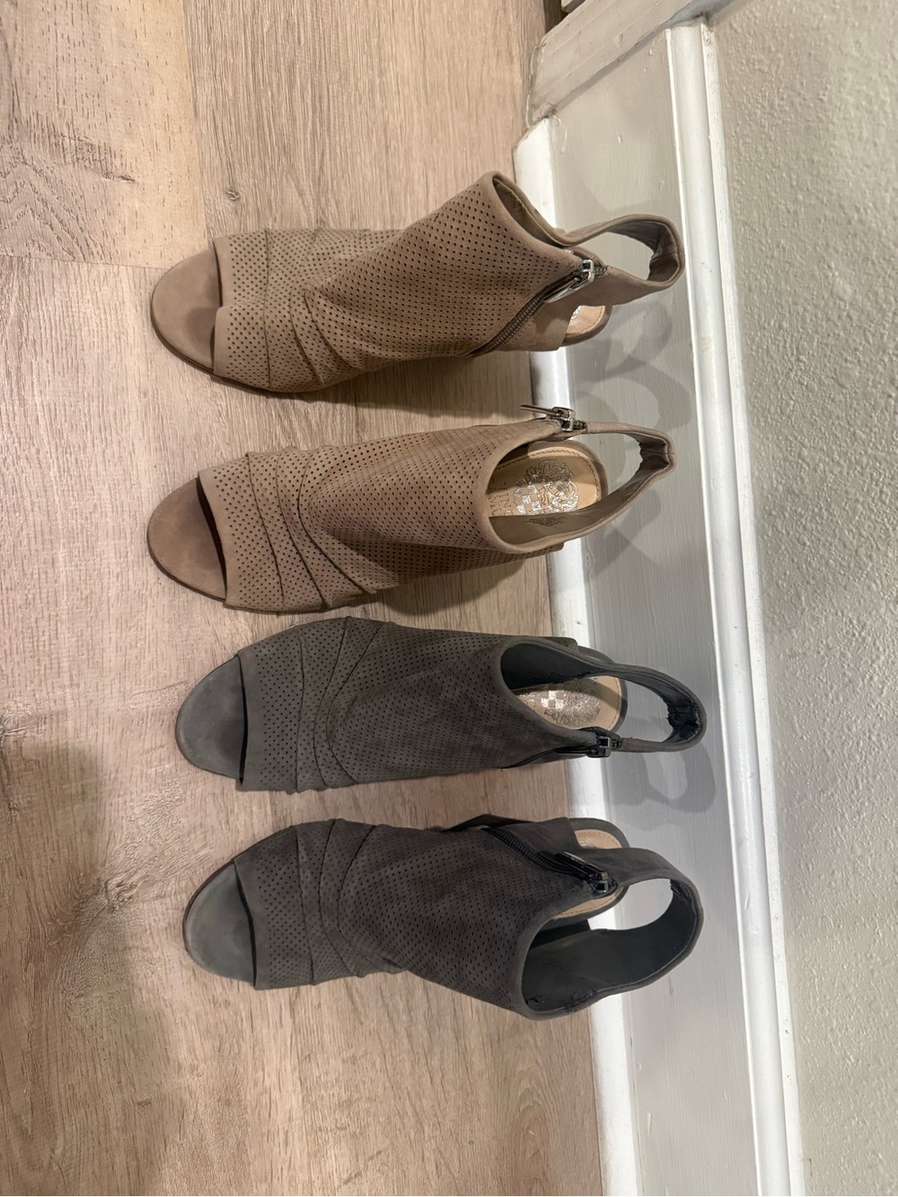 Vince Camuto Open-Toe Perforated Slingback Heels in Taupe and Charcoal
